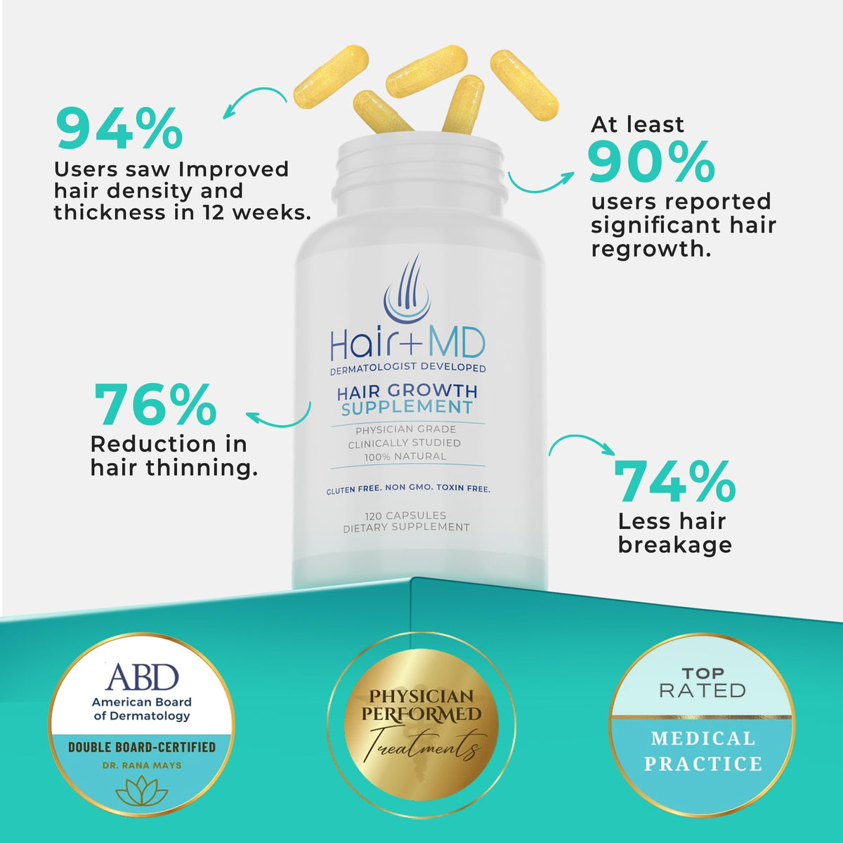 Hair Plus MD capsules inside bottle shown for easy daily hair support.