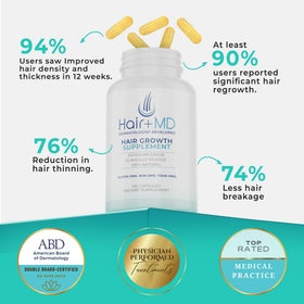 Hair Plus MD capsules inside bottle shown for easy daily hair support.