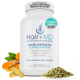 Hair Plus MD packaging front highlights dermatologist-developed hair health.