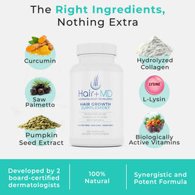 Hair Plus MD tablet close-up reveals small, easy-to-swallow capsules for daily use.