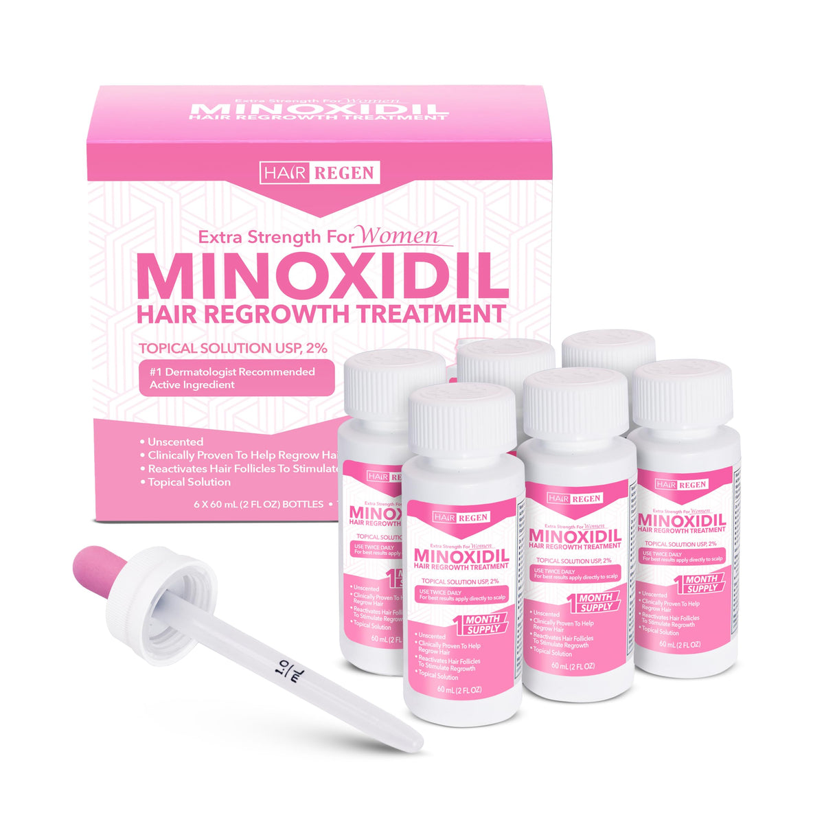 Hair Regen Minoxidil bottle drops for daily targeted scalp application.