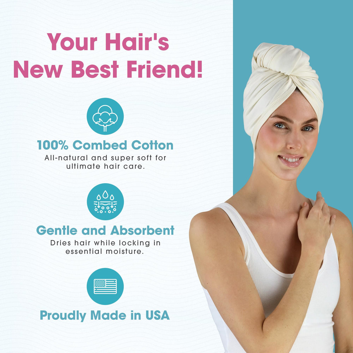 Hair RePear towel shown on wet hair to demonstrate friction-reducing drying