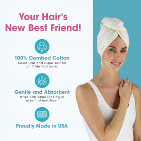 Hair RePear towel shown on wet hair to demonstrate friction-reducing drying