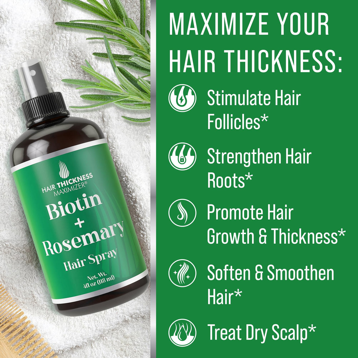 Hair Thickness Maximizer biotin rosemary spray label close-up shows clean vegan formula