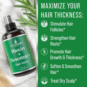 Hair Thickness Maximizer biotin rosemary spray label close-up shows clean vegan formula
