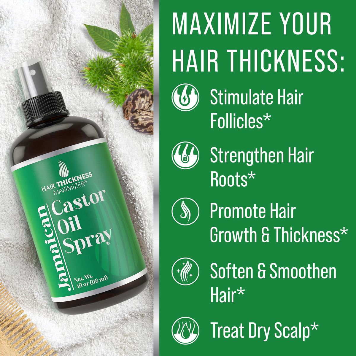 Hair Thickness Maximizer Marula and Jojoba blend nourishes hair fibers and scalp health.