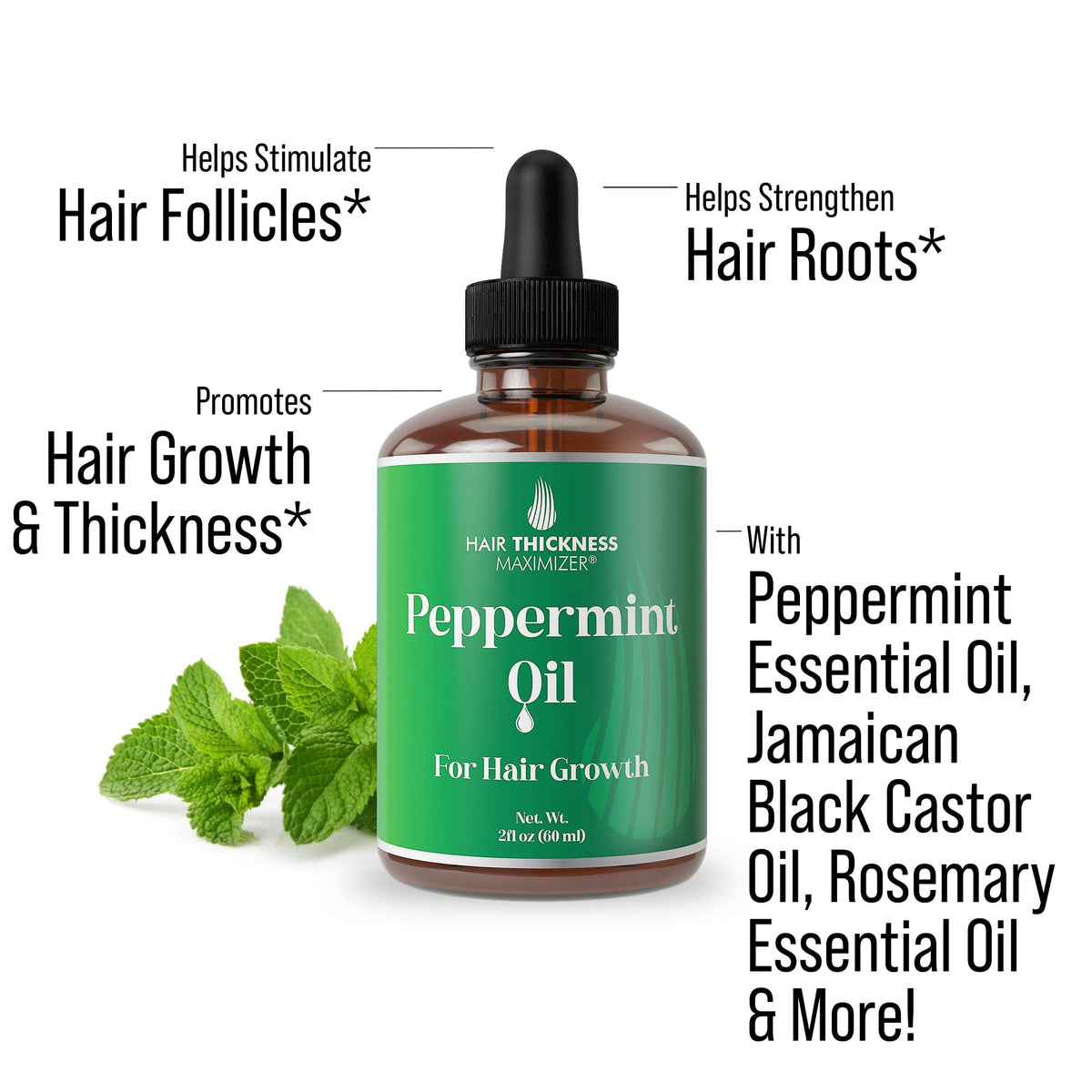 Hair Thickness Maximizer Peppermint Oil bottle close-up highlights clean, vegan ingredients