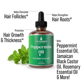Hair Thickness Maximizer Peppermint Oil bottle close-up highlights clean, vegan ingredients