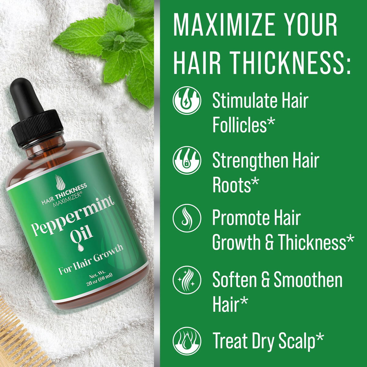 Hair Thickness Maximizer Peppermint Oil ingredients panel showcases potent oils for healthy hair