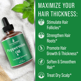 Hair Thickness Maximizer Peppermint Oil ingredients panel showcases potent oils for healthy hair