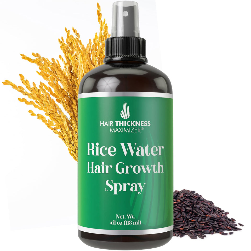 Hair Thickness Maximizer rice water spray bottle demonstrates nourishing scalp care daily.