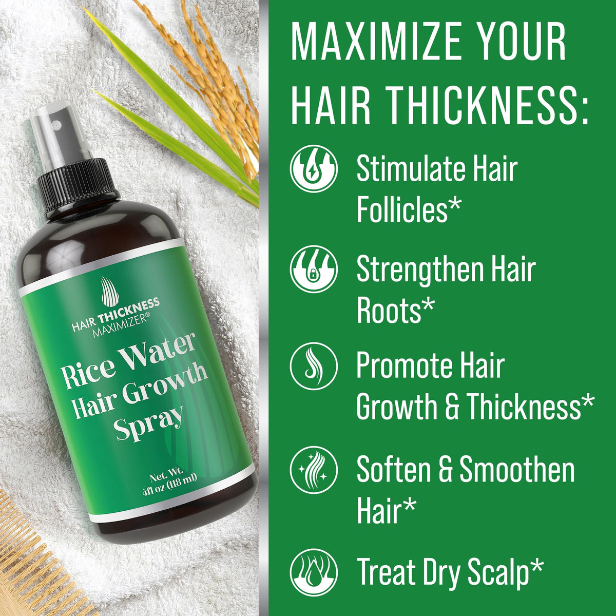 Hair Thickness Maximizer rice water spray closeup ingredients highlight rice water and vitamins.