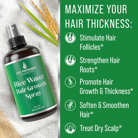 Hair Thickness Maximizer rice water spray closeup ingredients highlight rice water and vitamins.