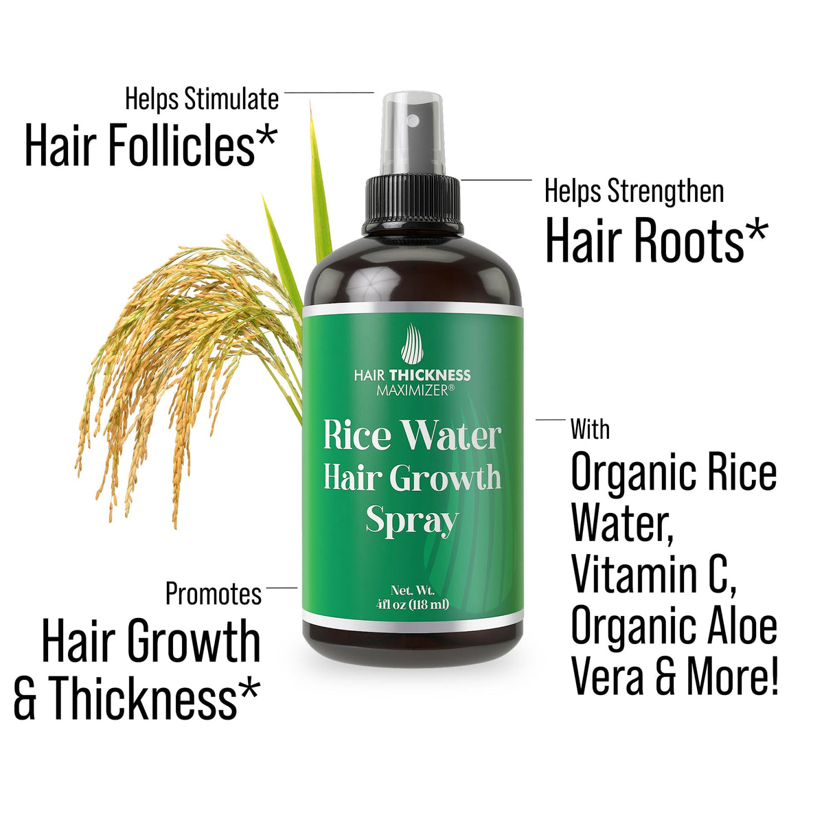 Hair Thickness Maximizer rice water spray on scalp shows easy application for thinning hair.