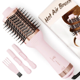 Hair trends 1200W dual-voltage hot air brush in action, quick drying for busy mornings.
