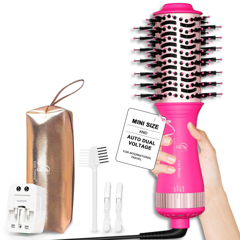 Hair Trends dual-voltage travel hair dryer brush front view showing compact design for travel.