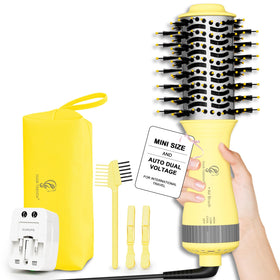 Hair Trends portable mini travel blow dryer brush in action for quick on-the-go styling.