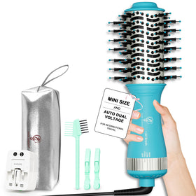 Hair Trends travel size mini hot air dryer brush in hand for quick on the go styling
