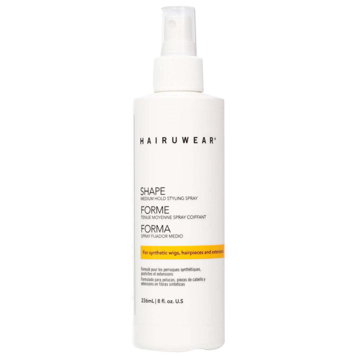 Hair U Wear medium-hold spray bottle supports flexible styling for synthetic wigs.