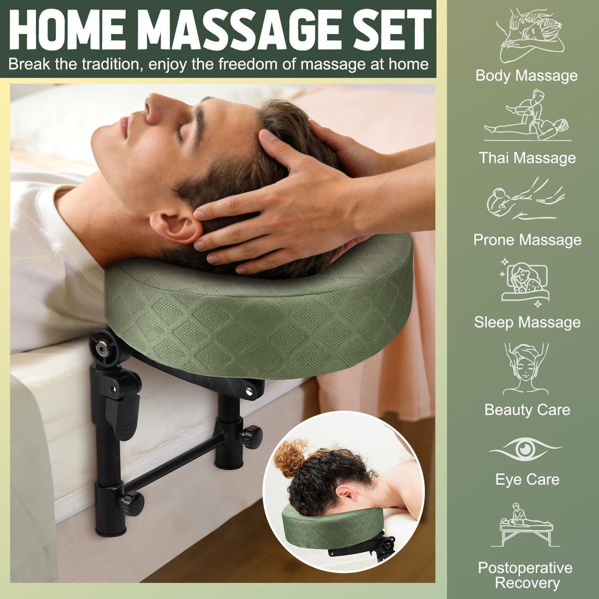 HairChrysm green face-down pillow offers breathable comfort during sessions.
