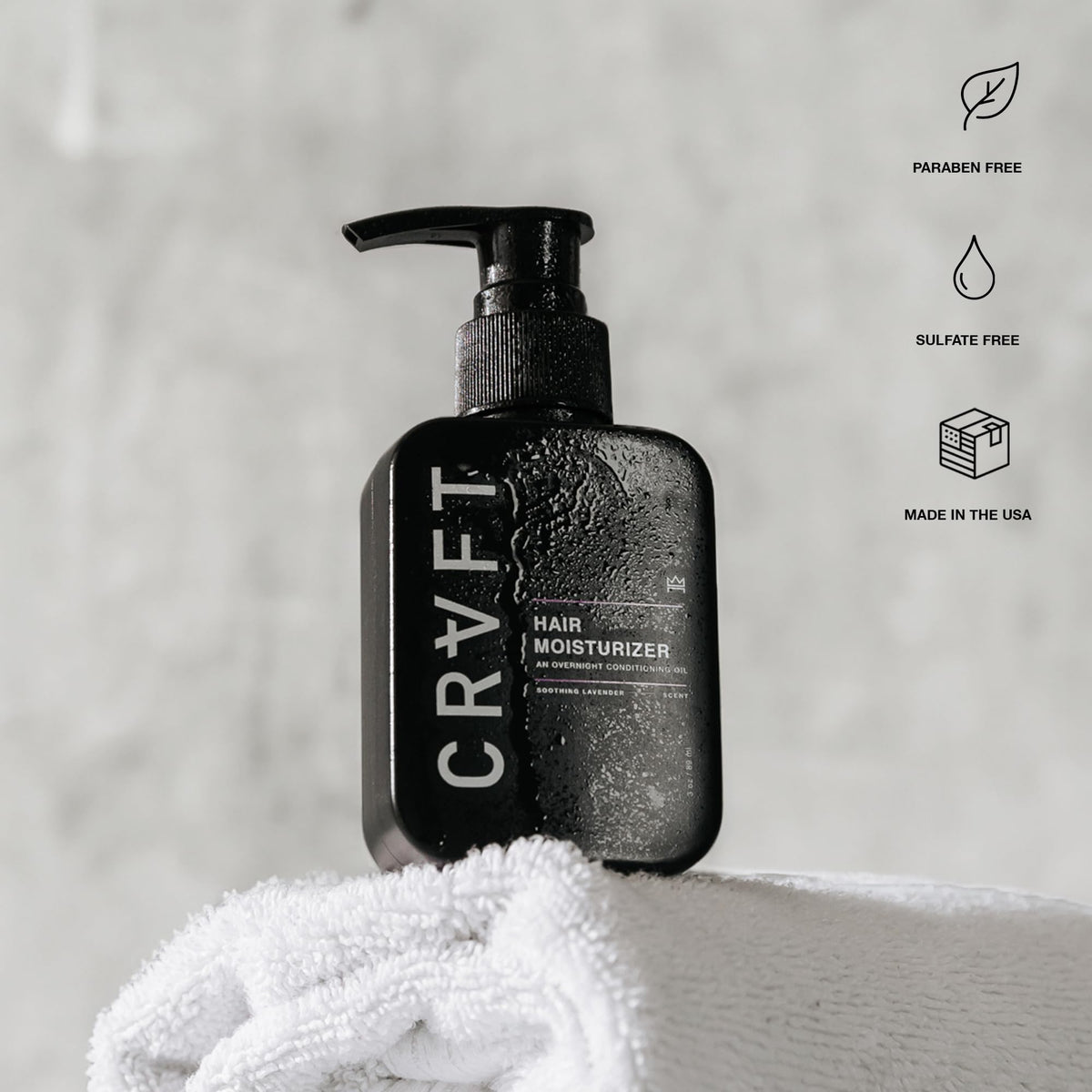 Hair Craft Co. CRVFT bottle on vanity with logo for quick daily routine.