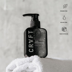 Hair Craft Co. CRVFT bottle on vanity with logo for quick daily routine.