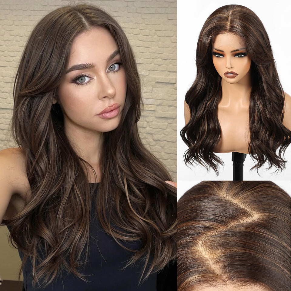HAIRCUBE 13x6 HD lace front wig with 22-inch length and dark brown highlights for natural movement.