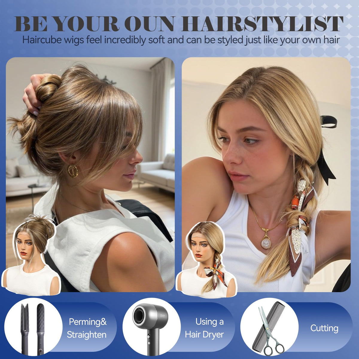 HAIRCUBE adjustable strap and three clips secure a comfortable fit