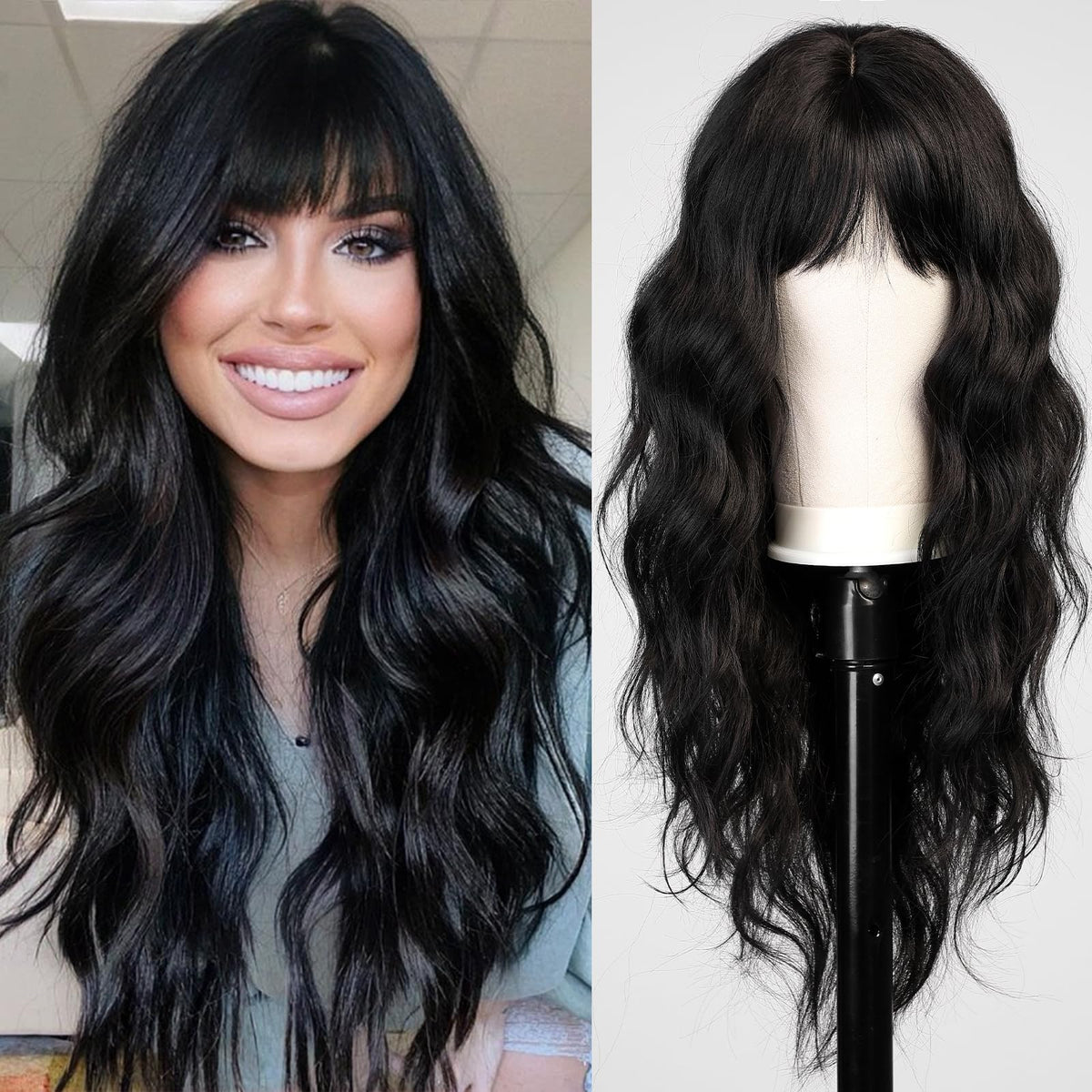 HAIRCUBE black wig with bangs long wavy hair for daily wear and party looks