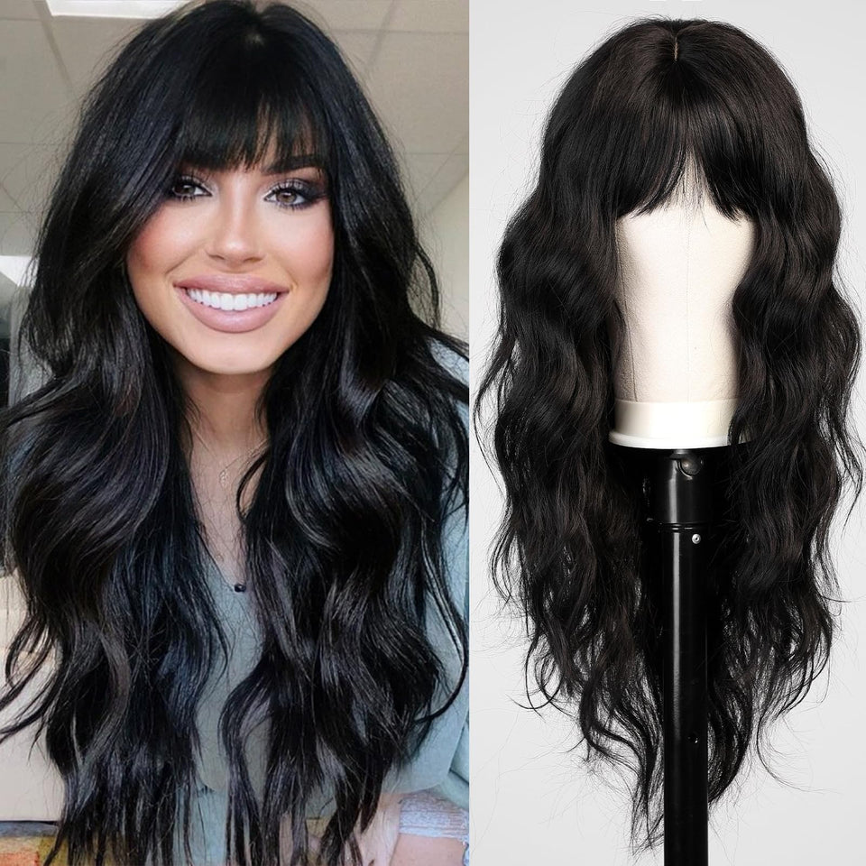HAIRCUBE black wig with bangs long wavy hair for daily wear and party looks