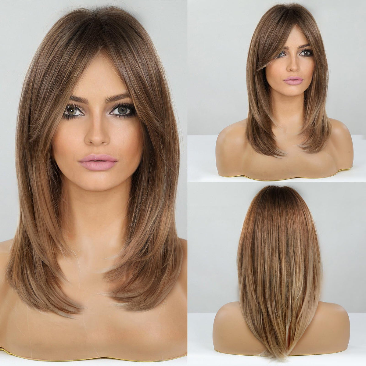 HAIRCUBE Layered Wig with curtain bangs front view for versatile daily styling.