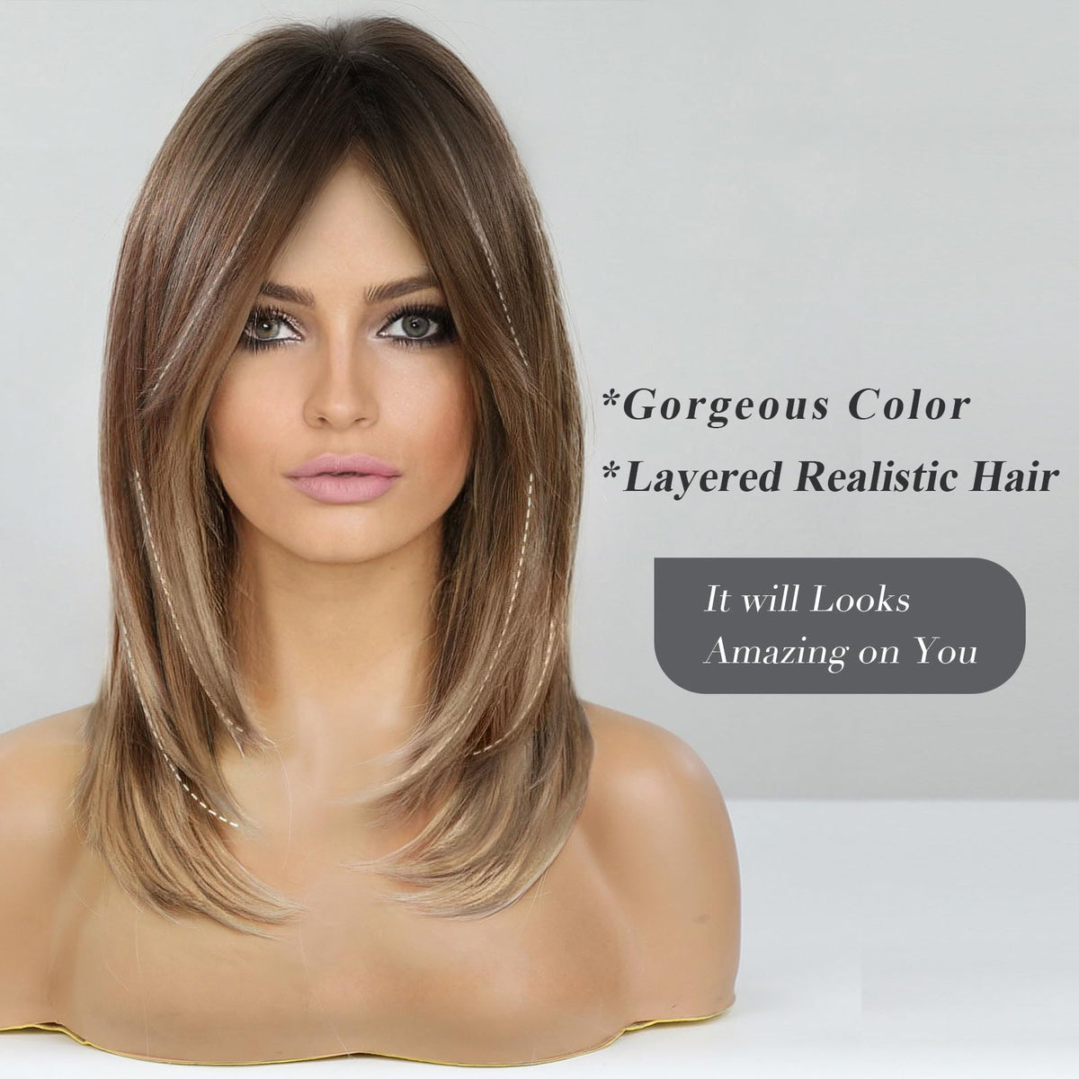 HAIRCUBE Layered Wig simulated scalp with natural parting for a realistic look.