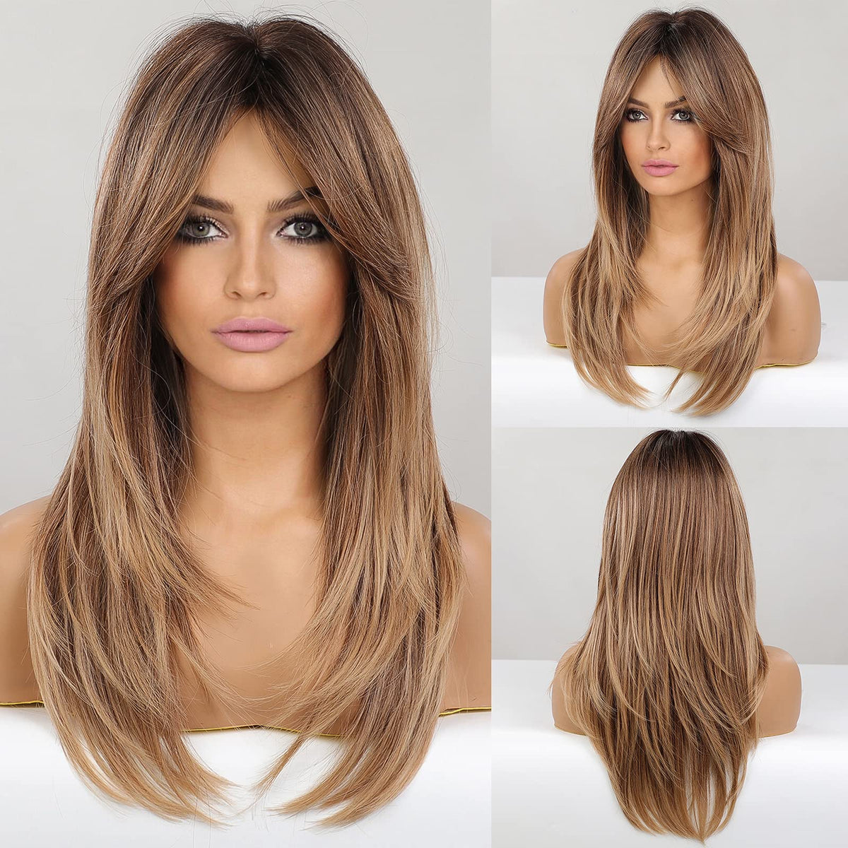 HAIRCUBE long layered wig front view in ombre brown for natural daily look