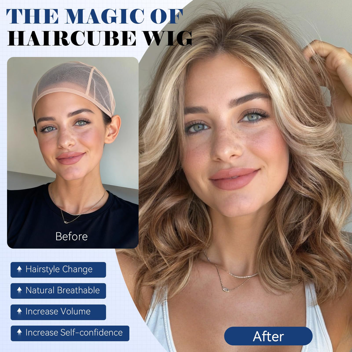 HAIRCUBE side-parted curly style adds volume and face framing.
