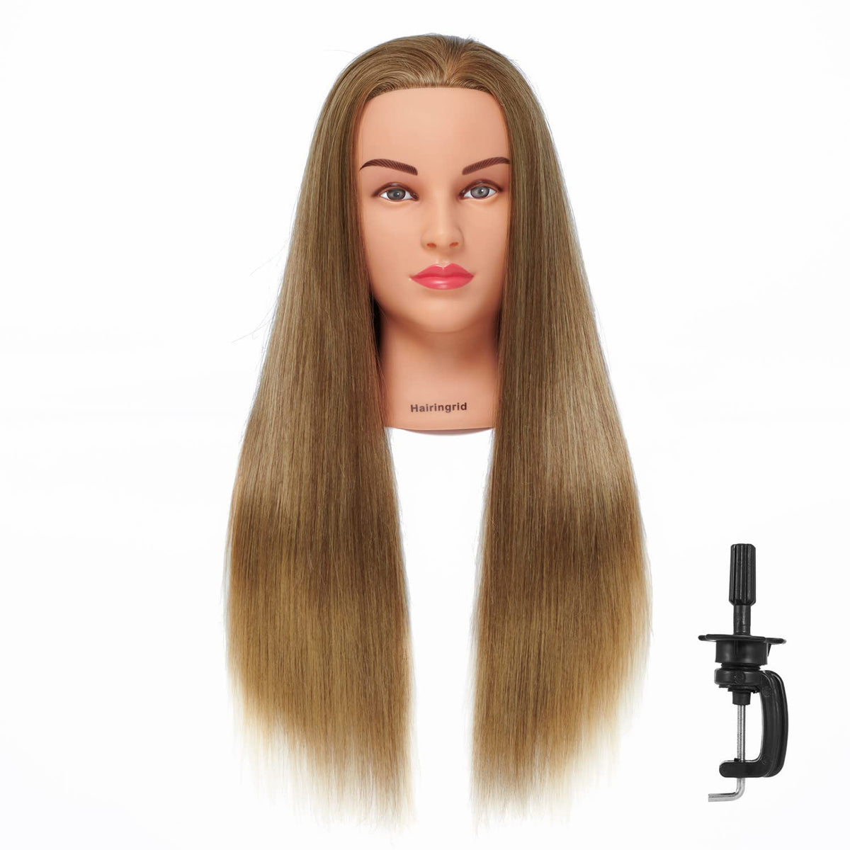 Hairingrid mannequin head front view with golden brown synthetic hair for practice and styling.