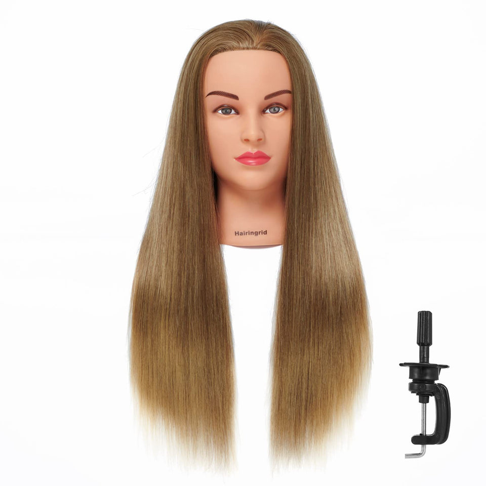 Hairingrid mannequin head front view with golden brown synthetic hair for practice and styling.