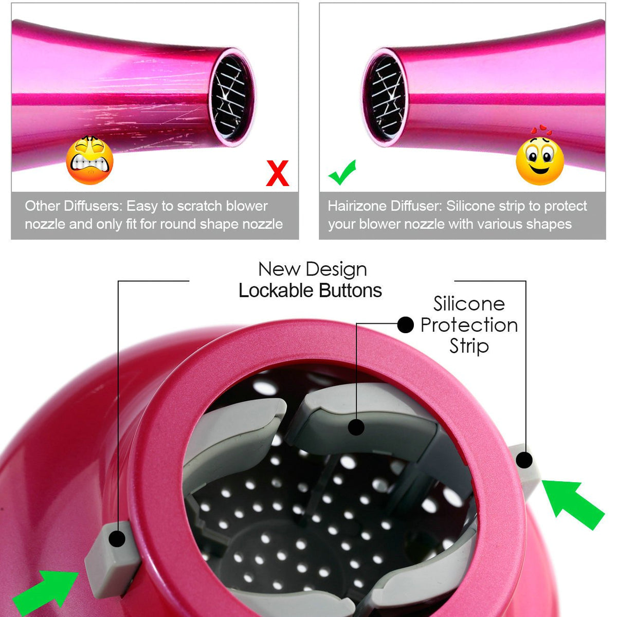 Hairizone diffuser speeds drying while reducing frizz and flyaways.