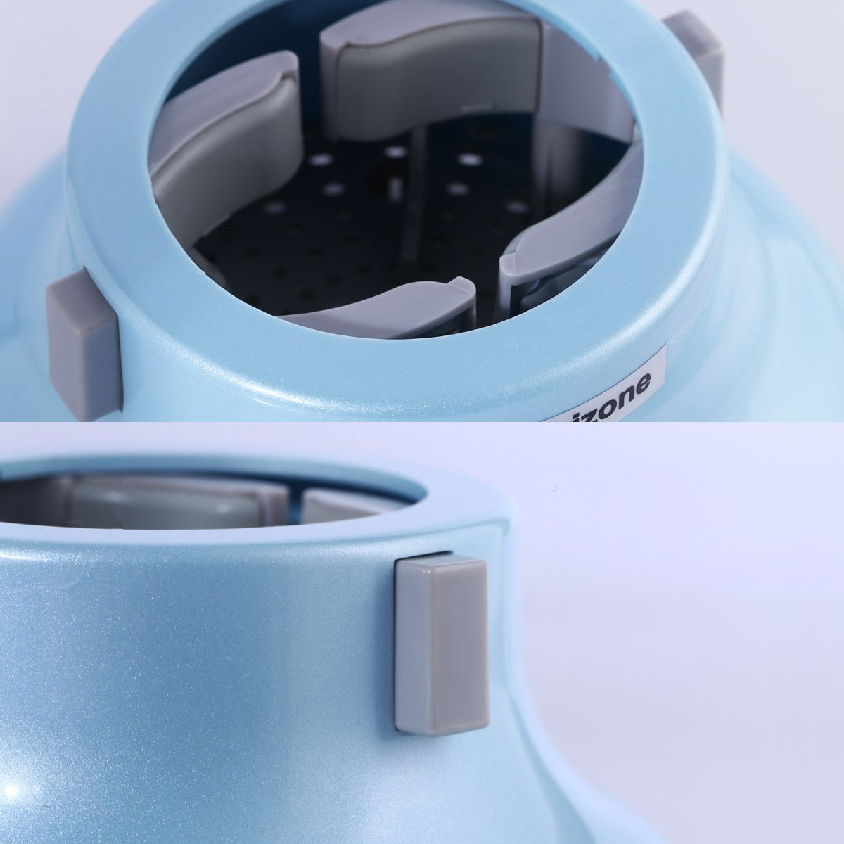 Hairizone universal diffuser blue lifestyle shot in a hotel vanity setup.