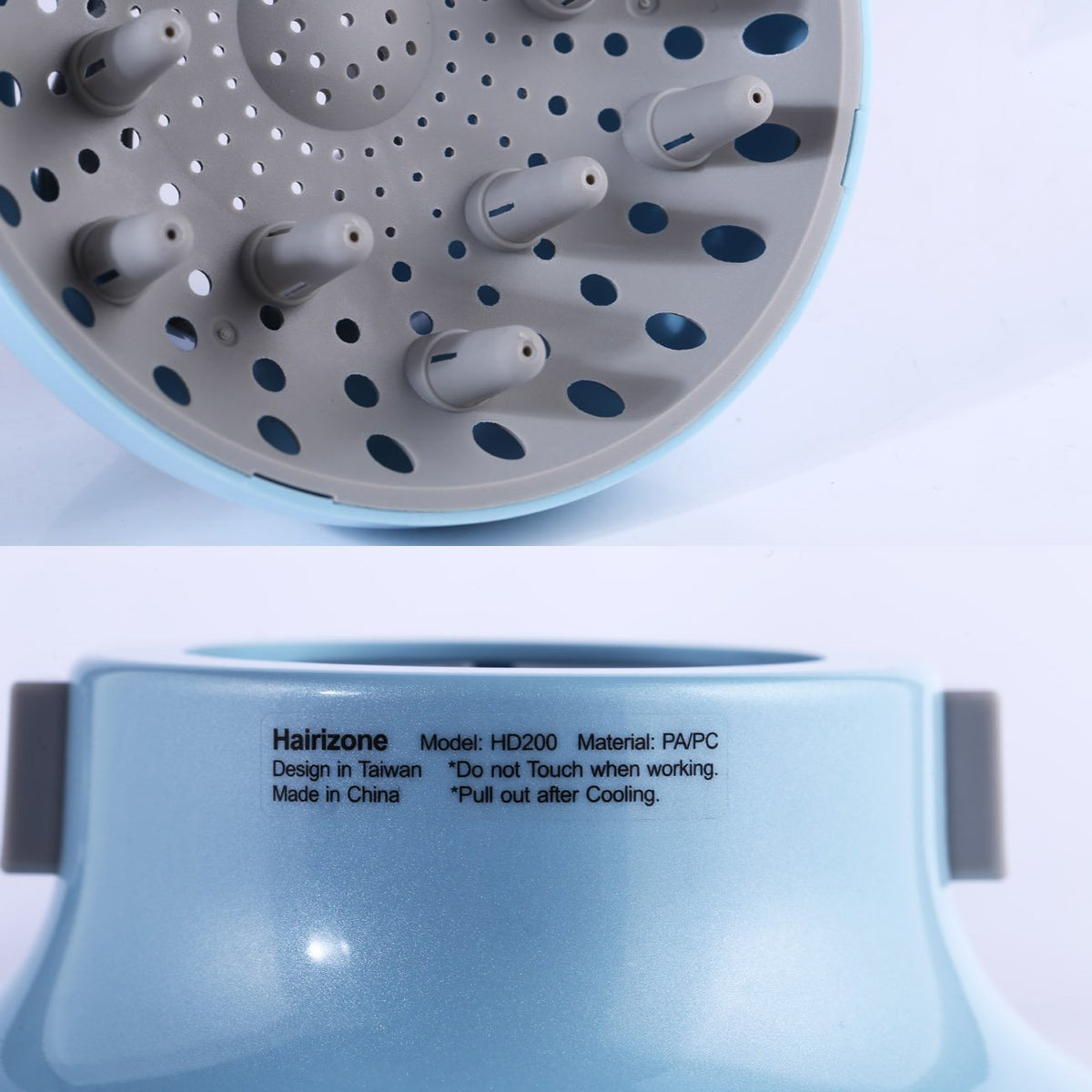 Hairizone universal diffuser blue close-up showing PC material with water and fire resistance.