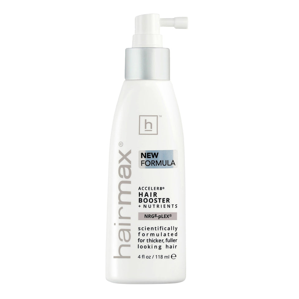 Hairmax Acceler8 bottle with label for daily scalp care and nourishment.
