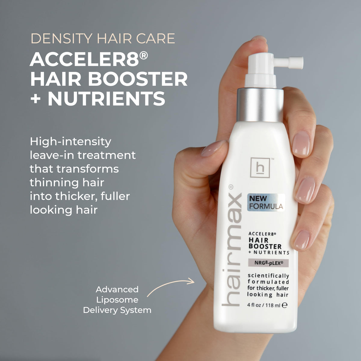 Hairmax Acceler8 spray mist on scalp for added volume.
