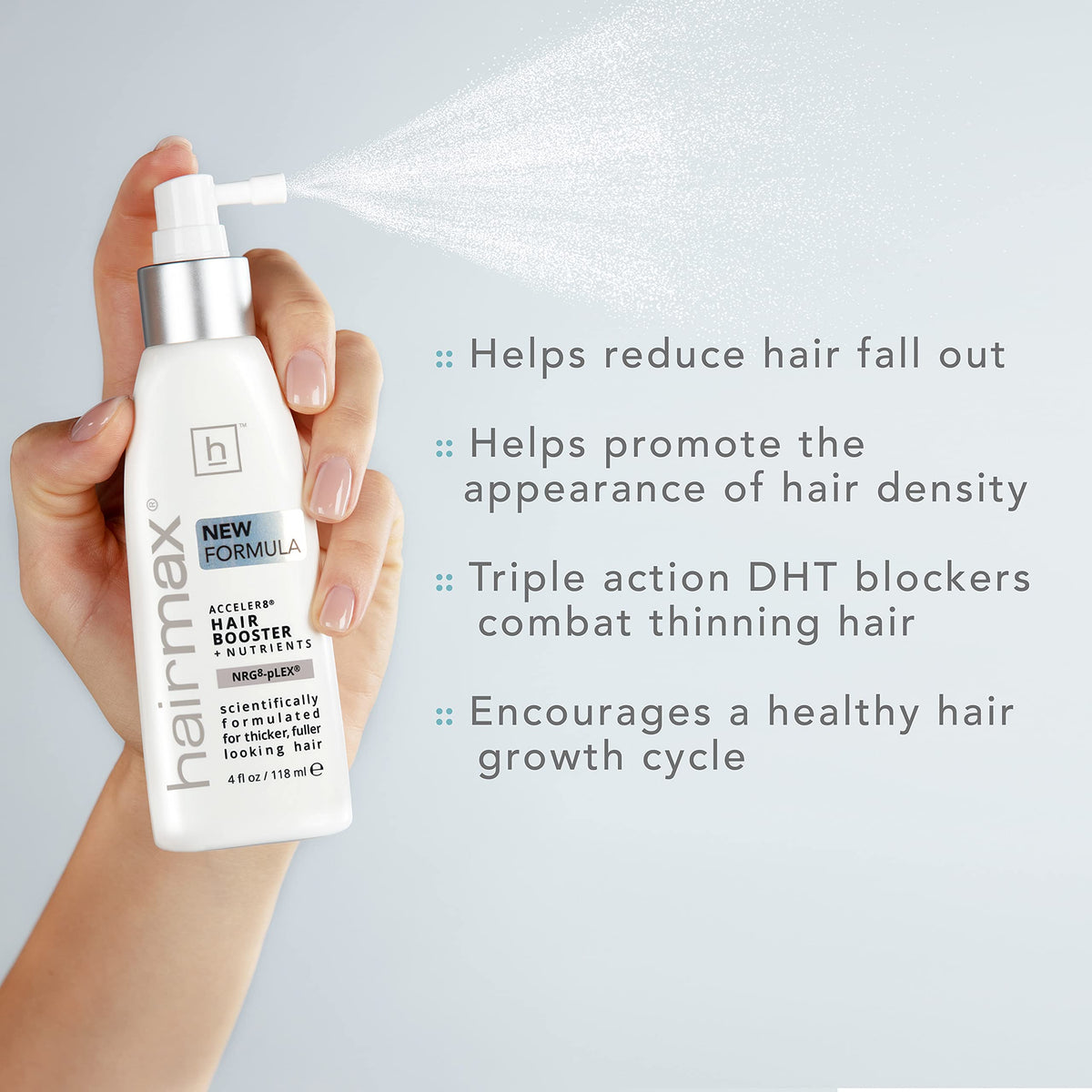 Hairmax Acceler8 thickening on hair strands for a fuller look.