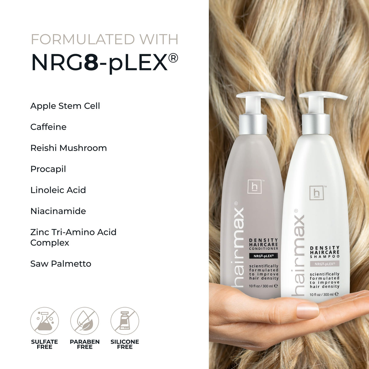 Hairmax Density Conditioner on hair strands showcases smoother, less tangled hair.