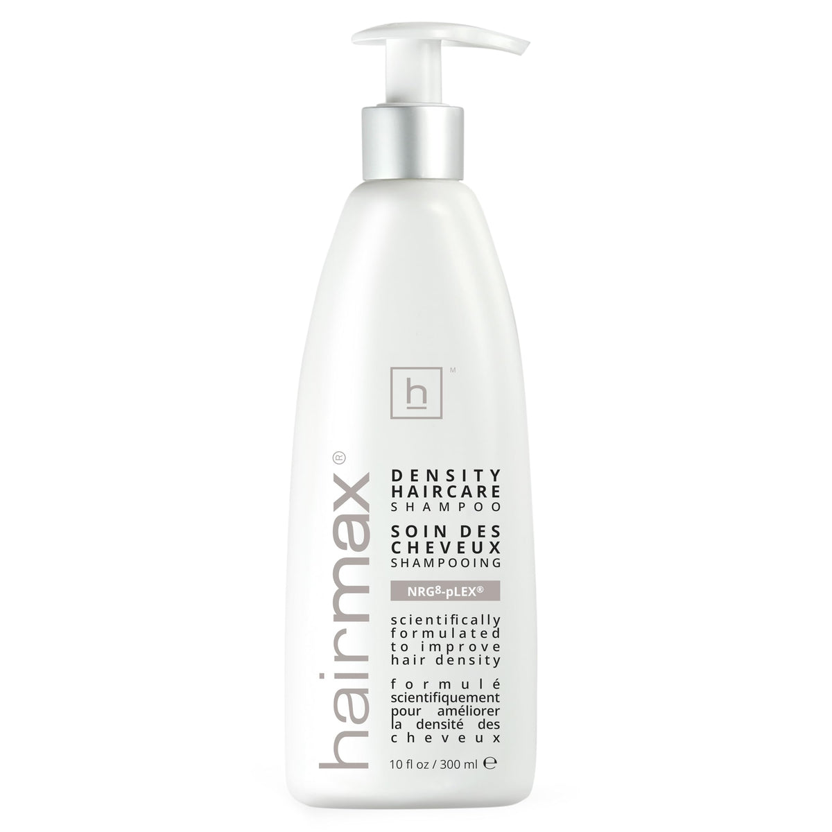 Hairmax Density Shampoo bottle pour showcases premium formula for fuller-looking hair.