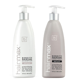 Hairmax Density Shampoo bottle highlights the anti-thinning formula for daily cleansing.