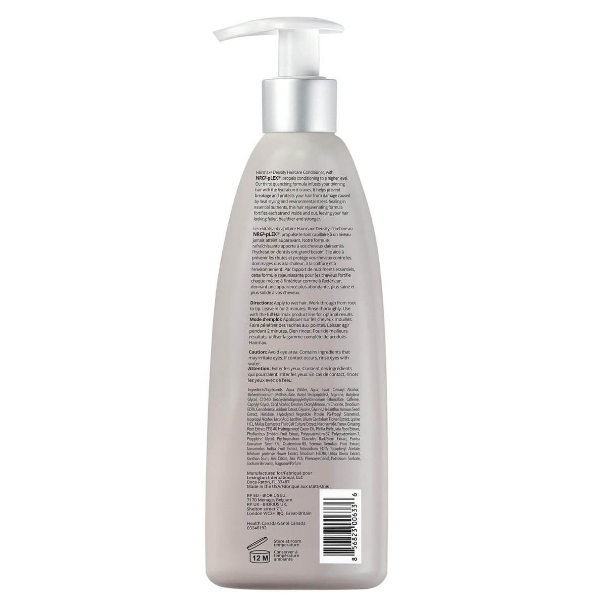 Hairmax Density Shampoo label close-up shows a clean, sulfate-free formula.
