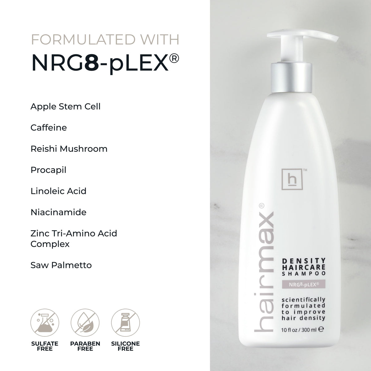 Hairmax Density Shampoo label closeup emphasizes sulfate-free, paraben-free formula.