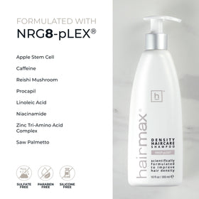 Hairmax Density Shampoo label closeup emphasizes sulfate-free, paraben-free formula.