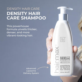 Hairmax Density Shampoo scalp exfoliation action highlights gentle removal of buildup.