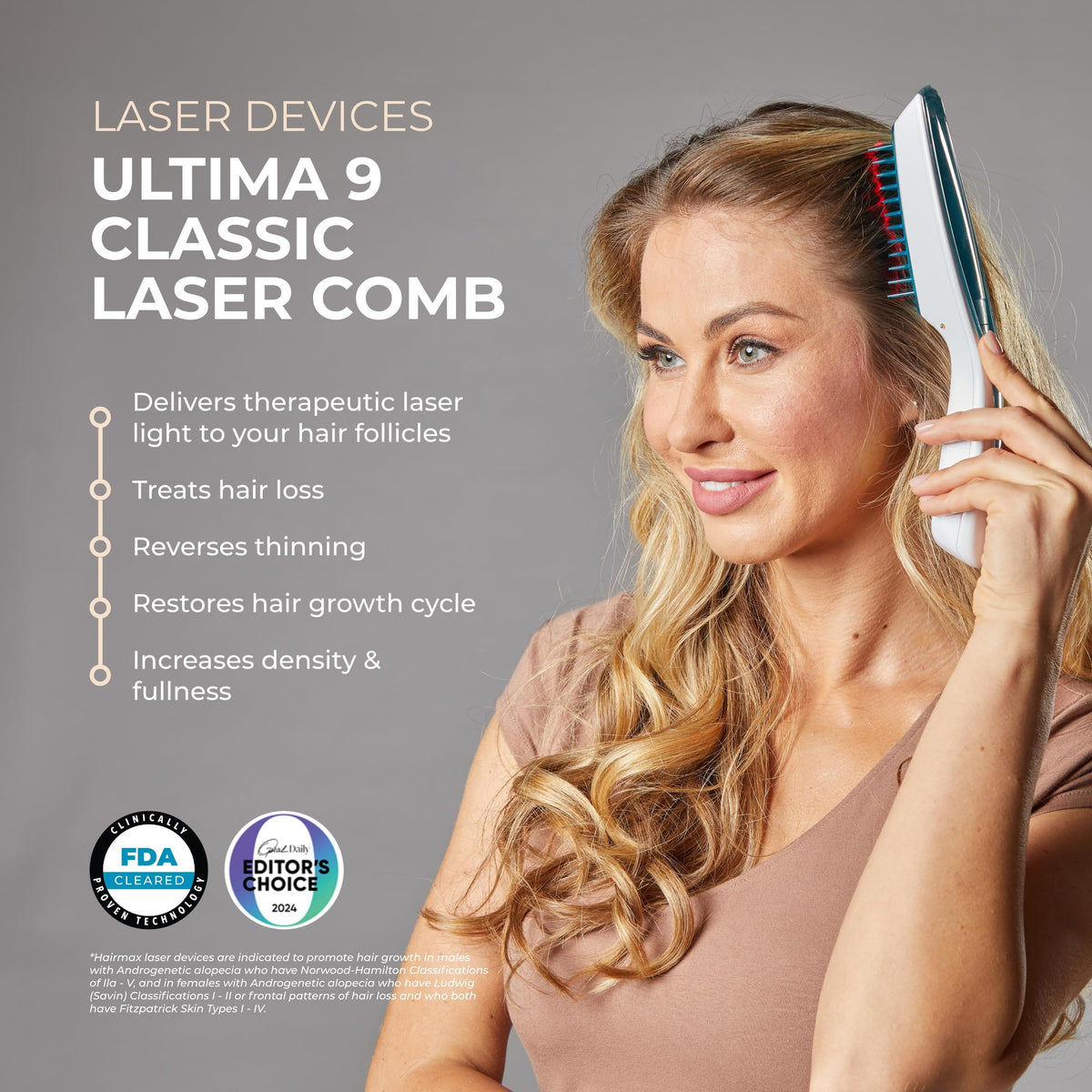 Hairmax Ultima 9 Classic features nine medical-grade lasers for targeted treatment.